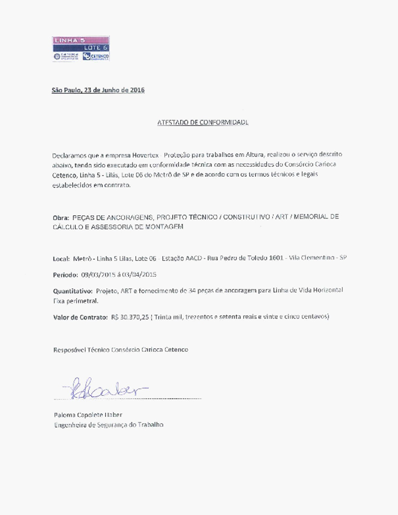 Atestado de Conformidade - METRO - LINHA 5 LILÁS